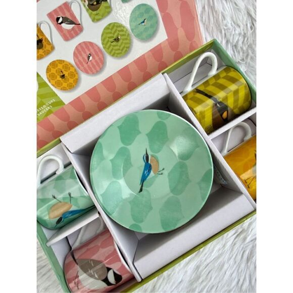 NEW Magpie Chirpy Whimsical Birds Set Of 4 Espresso Cups & Saucers - Picture 7 of 14